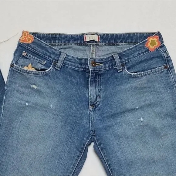 Vintage 90s Tilt Boho Handmade Floral Embroidered Low Rise Bell Bottom Jeans 6 - Picture 6 of 16